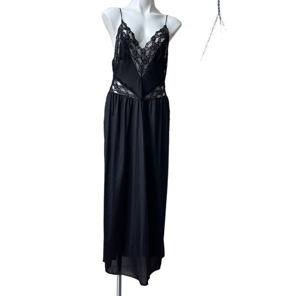 ILGWU Fifth Avenue Womens Maxi slip Dress Lace Open Back String Strap Black Larg - Picture 1 of 9
